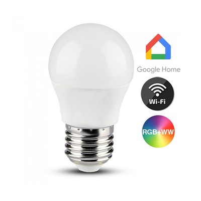 V-Tac 5W Smart Home krone LED pære – Tuya/Smart Life virker med Google Home Alexa og smartphones E27 G45 – Dæmpbar : Via Smart Home Kulør : Varm-kold + RGB