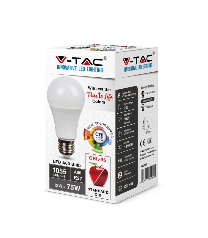 V-Tac 12W LED A60, E27, RA 95