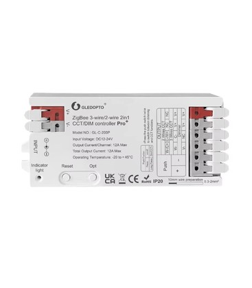 Gledopto Pro 2i1 Zigbee strip controller - Hue kompatibel, 12V/24V, 12V (144W) 24V (288W), Enkeltfarvet + CCT