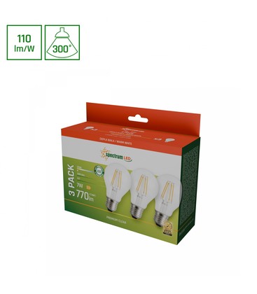 LED 7W E27 - 230V, Kultråd, Varm Hvid, Klar, Spectrum, 3-pak