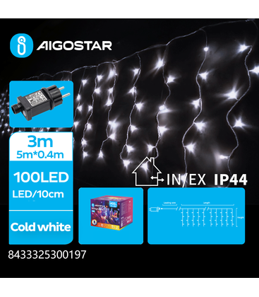 5m kold hvid LED lyskæde - 100 LED, 5x0,4m, 25 rækker, 8 lysspil, IP44, transparent ledning