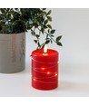 LED Bloklys med lyskæde, 10cm høj, flammeeffekt - Ø7,5cm, 10cm høj, virker m. fjernbetj, ægte stearin, rød