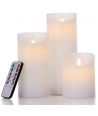 LED Bloklys, 3 stk, Ø7,5cm, bevægelig flamme, hvid - Inkl. fjernbetjening og timer, 10/13/15cm høj, ægte stearin
