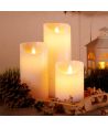 LED Bloklys, 3 stk, Ø7,5cm, bevægelig flamme, hvid - Inkl. fjernbetjening og timer, 10/13/15cm høj, ægte stearin
