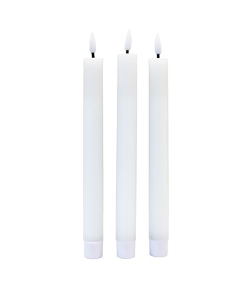 3-pak hvide LED stearinlys, flammeeffekt - Ø2,2cm, Højde: 24,5cm, kronelys, virker m. fjernb., timer, batteri