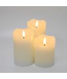 Sæt med 3 stk. LED Bloklys 10cm høj, flammeeffekt, hvid - Ø7,5cm, 10/12,5/15cm høj, virker m. fjernbetj, timer, ægte stearin
