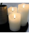 Sæt med 3 stk. LED Bloklys 10cm høj, flammeeffekt, hvid - Ø7,5cm, 10/12,5/15cm høj, virker m. fjernbetj, timer, ægte stearin