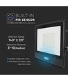 PIR sensor projektør 50W - Samsung chip, 1m kabel, 6500K, sort hus