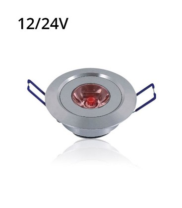 1W LED indbygningsspot med rødt lys - Hul: Ø4,4-4,8 cm, Mål: Ø5,2 cm, 2,2 cm høj, dæmpbar, 12V/24V