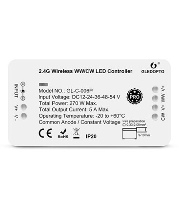 Gledopto Zigbee controller - Philips Hue kompatibel, Zigbee 3.0, enkeltfarvet og CCT, 12V (60W), 24V (120W)