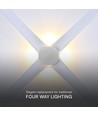 4W rund LED væglampe med 4 lysstråler - IP54, hvid, 3000K, 4-vejs lys, moderne design