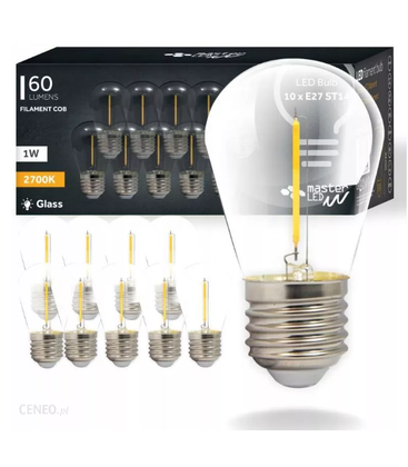10 stk 2W LED - ST14, COB filament, klart glas, E27