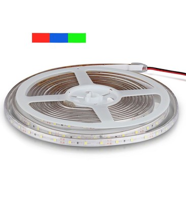 V-Tac 3,6W/m stænktæt LED strip - 5m, 60 LED pr. meter, Farvet lys, Grøn/Rød/Blå