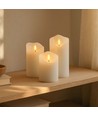 Sæt med 3 stk. LED Bloklys 10cm høj, flammeeffekt, hvid - Ø7,5cm, 10/12,5/15cm høj, virker m. fjernbetj, timer, ægte stearin