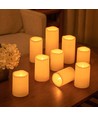9-pak LED Udendørs bloklys, inkl. fjernbetjening, Ø5,5cm - Højde: 13/15/17,5cm, Batteri, timerfunktion, trådløs, tåler vand
