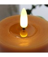 LED Bloklys 10cm høj, smelte-look, flammeeffekt - Ø7,5cm, 10cm høj, virker m. fjernbetj, ægte stearin, flot brun
