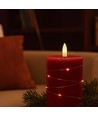 LED Bloklys med lyskæde, 10cm høj, flammeeffekt - Ø7,5cm, 10cm høj, virker m. fjernbetj, ægte stearin, rød