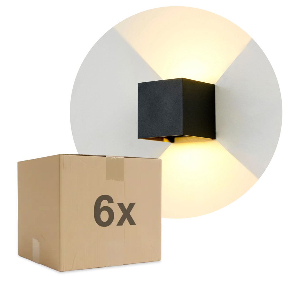 6 stk. 6W CUBIC PRO væglampe - IP65, sort, sløjfbar, justerbar, firkantet, op/ned, inde / ude, inkl. lyskilde - Dæmpbar : Ikke dæmpbar, Kulør : Neutral billede