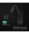 V-Tac 3W LED sengelampe med USB/PD opladning - CREE chip, sort, 3000K, inkl. lyskilde