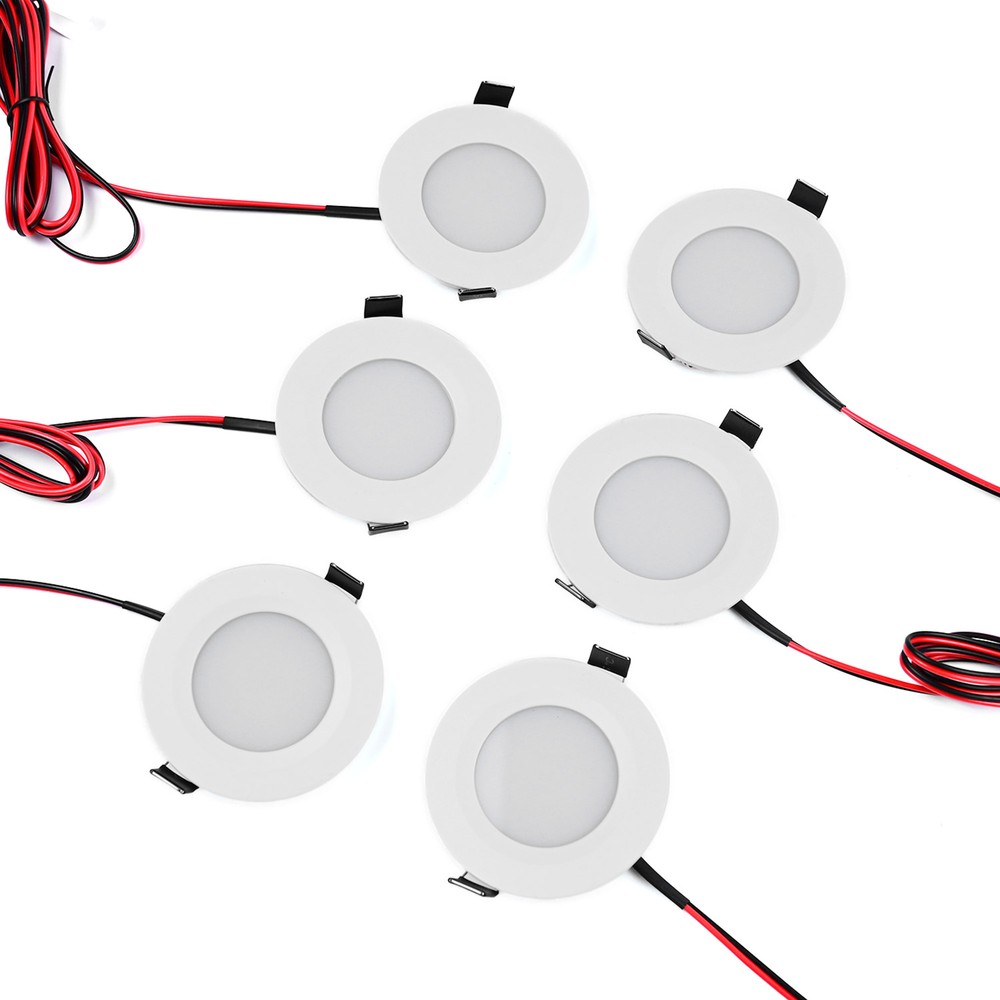 6 stk. 12V downlight - 2,5W, rund, inkl. kopbor og quick connector, til båd mm. - Dæmpbar : Dæmpbar, Kulør : Varm billede