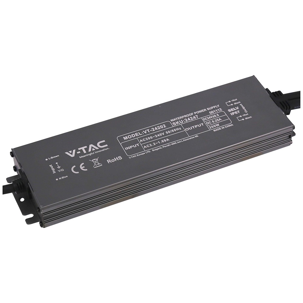 200W / 24V DC strømforsyning til LED strips - 8.25A, IP67 vandtæt