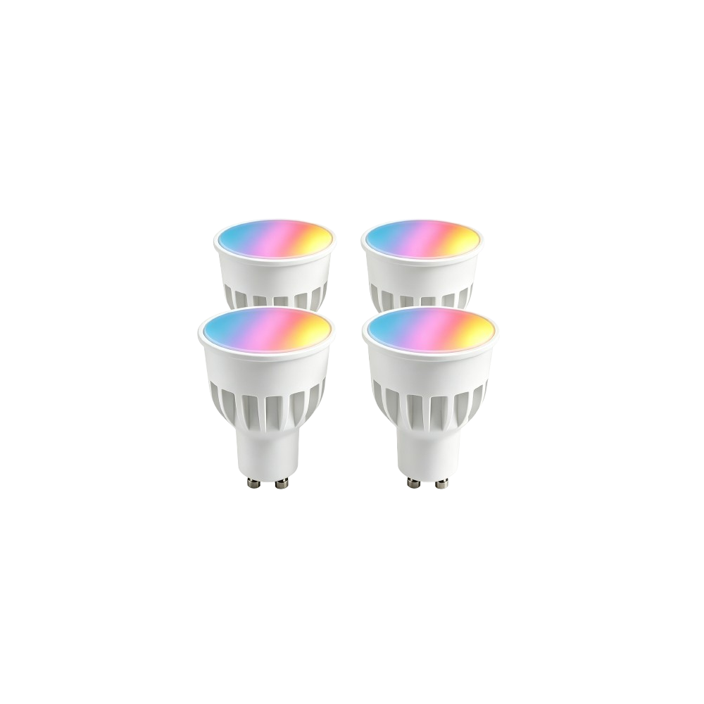 4x GU10 5W Smart Home LED pære - Bluetooth, 6,6 cm høj, virker med Google Home, Alexa og smartphones - Dæmpbar : Via Smart Home, Kulør : RGB + CCT (Varm til Kold Hvid)