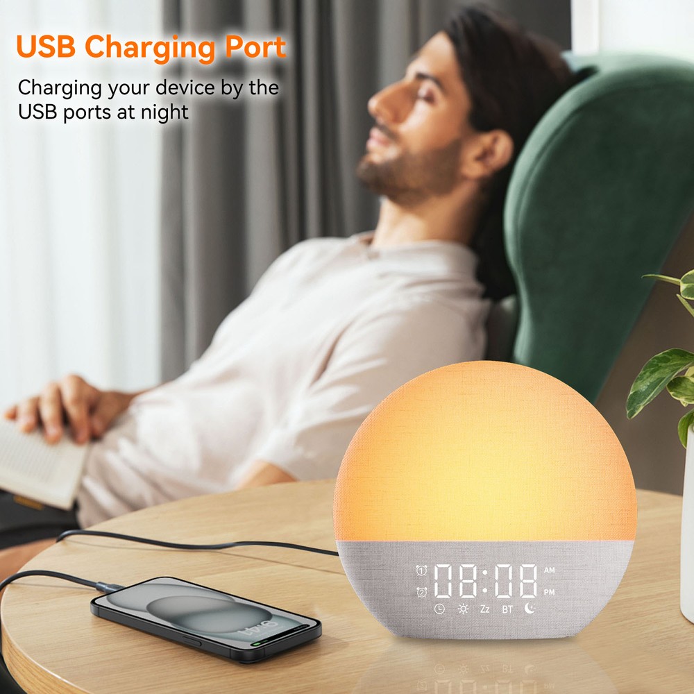 Wake-up Light Vækkeur, Solopgangseffekt - Bluetooth 5.3 højttaler, Sovelyde, Dæmpbar