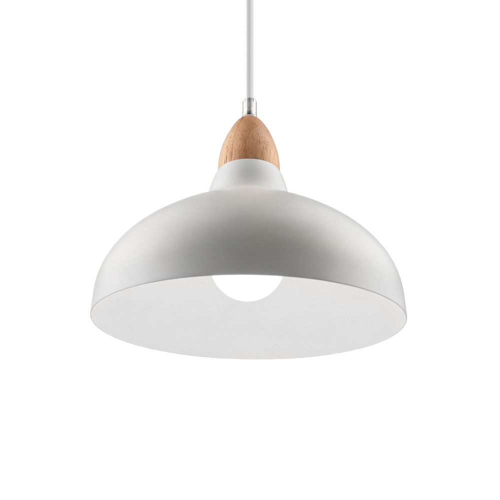 BIRK Hvid Ø19cm pendel - E27 fatning, 2m ledning, Metal / Træ