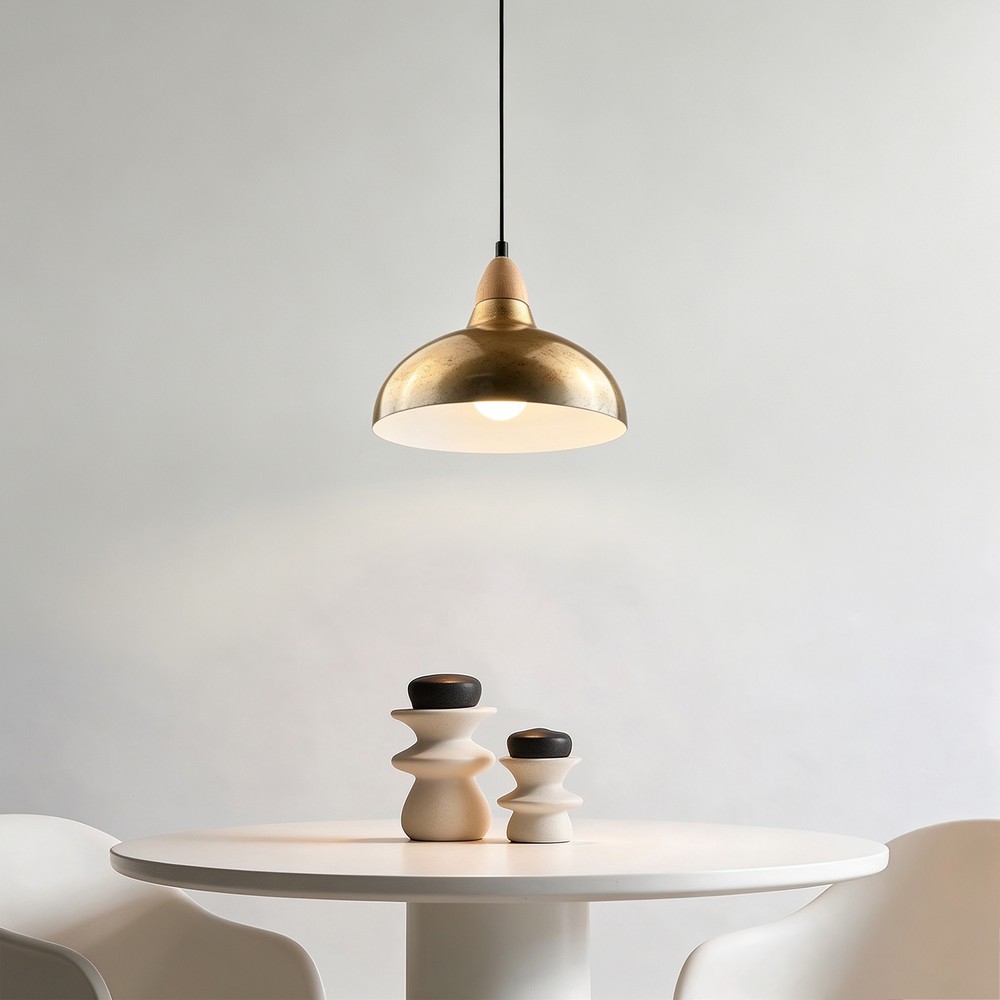 BIRK Børstet messing Ø24cm pendel - E27 fatning, 2m ledning, Metal / Træ