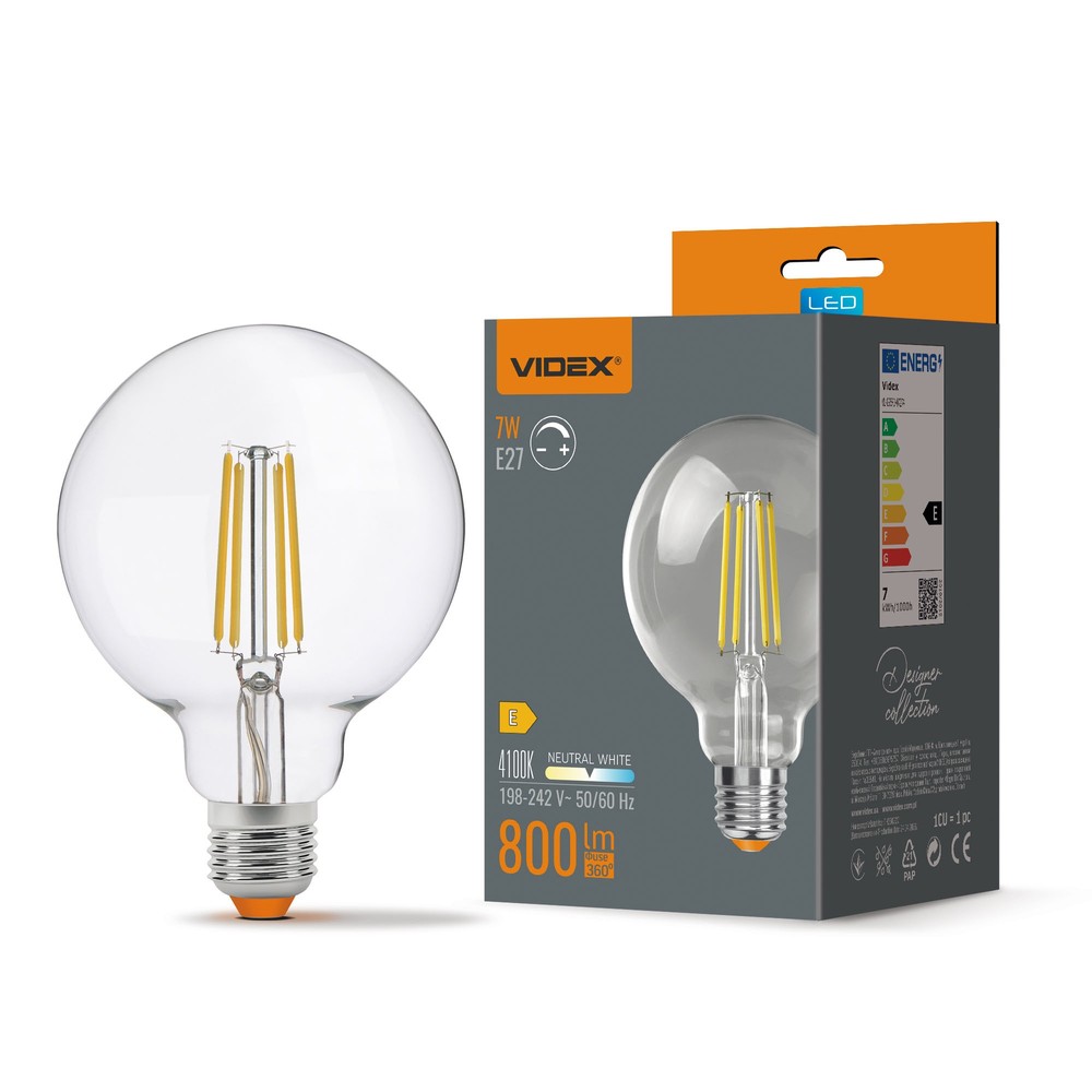 E27 7W LED filament pære - G95, neutral hvid - Dæmpbar : Dæmpbar, Kulør : Neutral