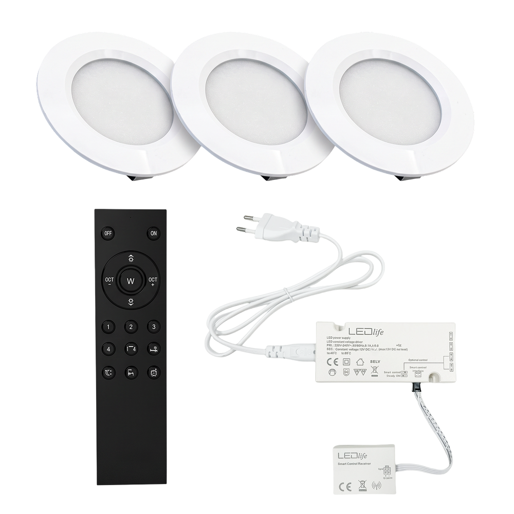 3 stk. Reco68 møbelspot dæmpbar, mat hvid - Vælg RF/WiFi/Zigbee strømforsyning (fjernbetj. medfølger) - Dæmpbar : Via Zigbee, Kulør : Ekstra varm