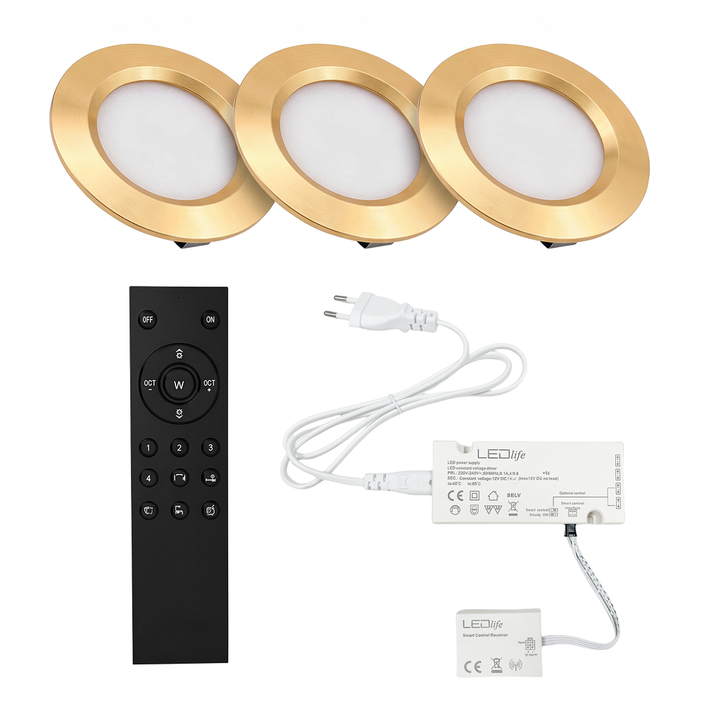 3 stk. Reco68 møbelspot dæmpbar, guld - Vælg RF/WiFi/Zigbee strømforsyning (fjernbetj. medfølger) - Dæmpbar : Via Zigbee, Kulør : Neutral