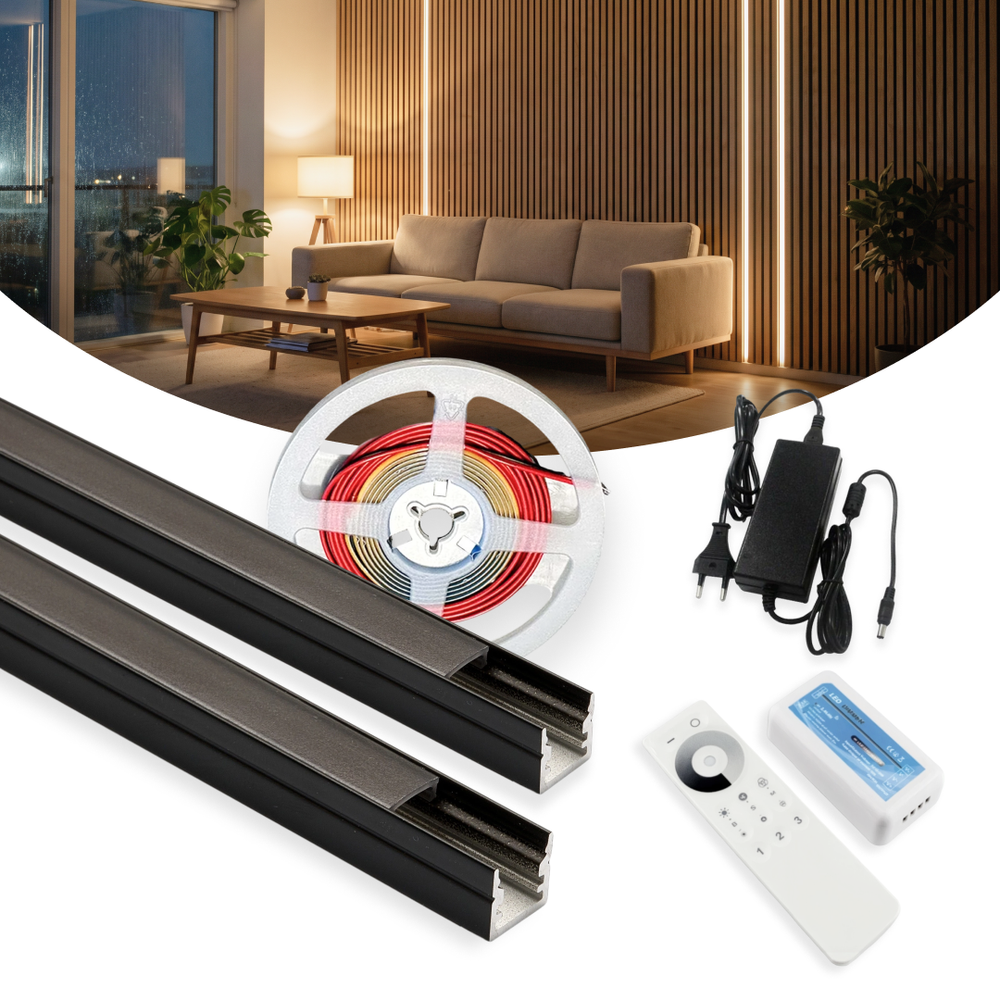 240cm LED Akustikpanel-sæt, sort - 2 stk. Enkeltfarvet LED strips (240cm) m. 78W strømforsyning - WiFi eller RF - Dæmpbar : Via fjernbetjening 240cm LED Akustikpanel-sæt, sort - 2 stk. Enkeltfarvet LED strips (240cm) m. 78W strømforsyning - WiFi eller RF - Dæmpbar : Via fjernbetjening