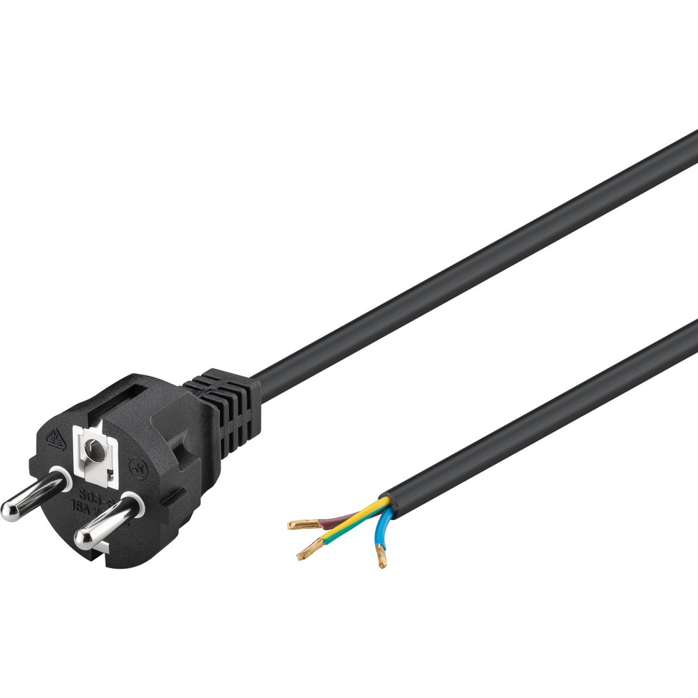 2 meter strømkabel - 250V, IP20 indendørs, Sort, Schuko stik og kabelendestykker til samling, 16A