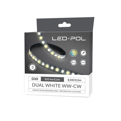 LED strip 120 LED/m WW-CW 2800-6500K 12V 17W/m DUAL WHITE IP20 8mm 3 års garanti – Kulør : Kold Kulør : Neutral Kulør : Varm