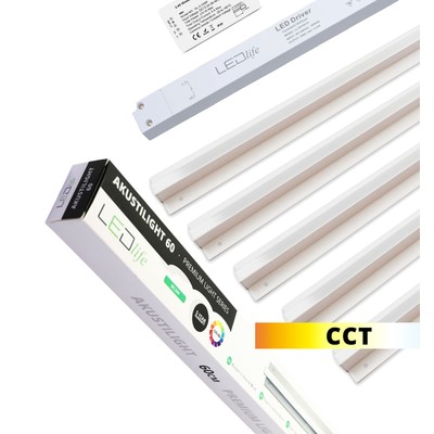 Troldtekt LED Zigbee Skinnesæt 5x90 cm - CCT, Planforsænket, Akustilight inkl. ledninger og driver - Dæmpbar : Via Zigbee, Kulør : CCT (Varm til Kold Hvid)
