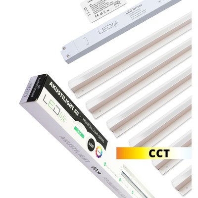 Troldtekt LED Skinnesæt 6x60 cm - CCT, Planforsænket, Akustilight inkl. fjernbetjening, ledninger og driver - Kulør : CCT (Varm til Kold Hvid)