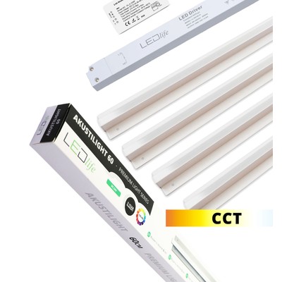 Troldtekt LED skinnesæt 4×120 cm – CCT Planforsænket Akustilight inkl. fjernbetjening ledninger og driver – Kulør : Fra varm til kold