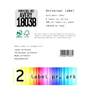 Outlet: Universal label A4 210 x148 2*etiket - kompatibel med avery 18038