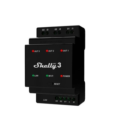 Shelly Pro 3 - WiFI relæ, 3 kanaler/faser med potentialfrit kontaktsæt