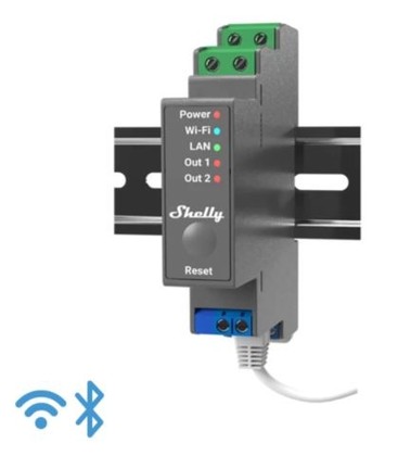 Shelly Pro 2 - WiFI relæ, 2 kanaler med potentialfrit kontaktsæt (110-230VAC)