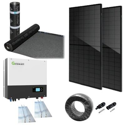 6kW komplet 3-faset hybrid solcelleanlæg – Til tagpap eller ståltag Growatt hybrid inverter Sort i sort – Retning solceller : Liggende Rækker : 1 Solceller kW : 8,2