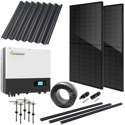 8kW komplet 3-faset hybrid solcelleanlæg – Til eternit eller stål-profiltag Growatt hybrid inverter Sort i sort – Retning solceller : Stående Rækker : 2 Solceller kW : 9,8