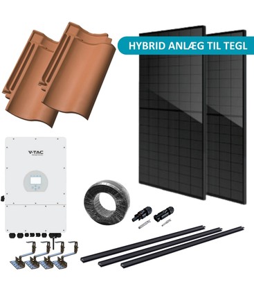 10kW komplet 3-faset hybrid solcelleanlæg - Til tegl, DEYE hybrid inverter, Sort i sort