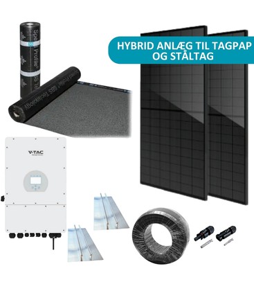 6kW komplet 3-faset hybrid solcelleanlæg - Til tagpap eller ståltag, DEYE hybrid inverter, Sort i sort