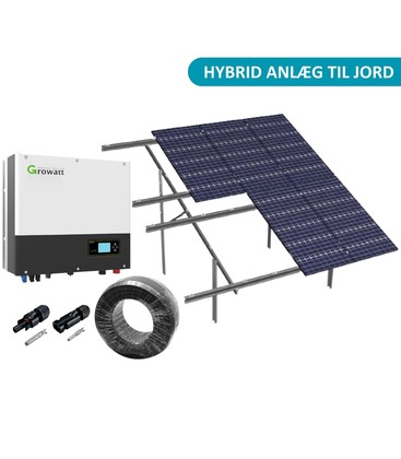 8kW komplet 3-faset hybrid solcelleanlæg - Jordbaseret anlæg, Growatt hybrid inverter, Alu celler