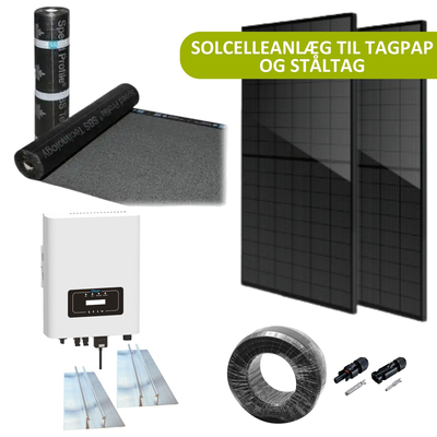 10kW komplet 3-faset solcelleanlæg - Til tagpap eller ståltag, DEYE inverter, Sort i sort - Retning solceller : Liggende, Rækker : 2, Solceller kW : 10,6
