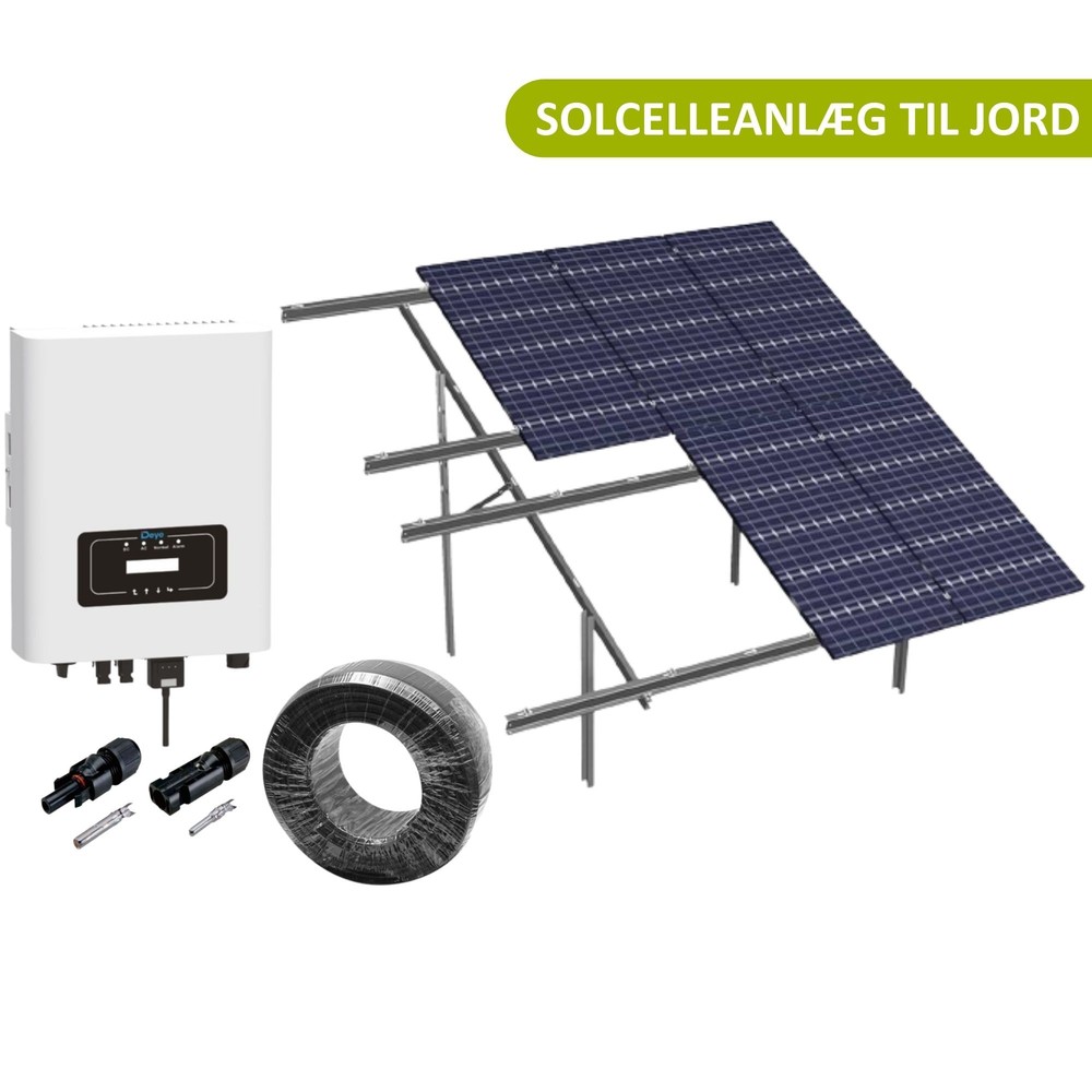 6kW komplet 3-faset solcelleanlæg - Jordbaseret anlæg, DEYE inverter, Alu celler - Retning solceller : Stående, Rækker : 2, Solceller kW : 6,5