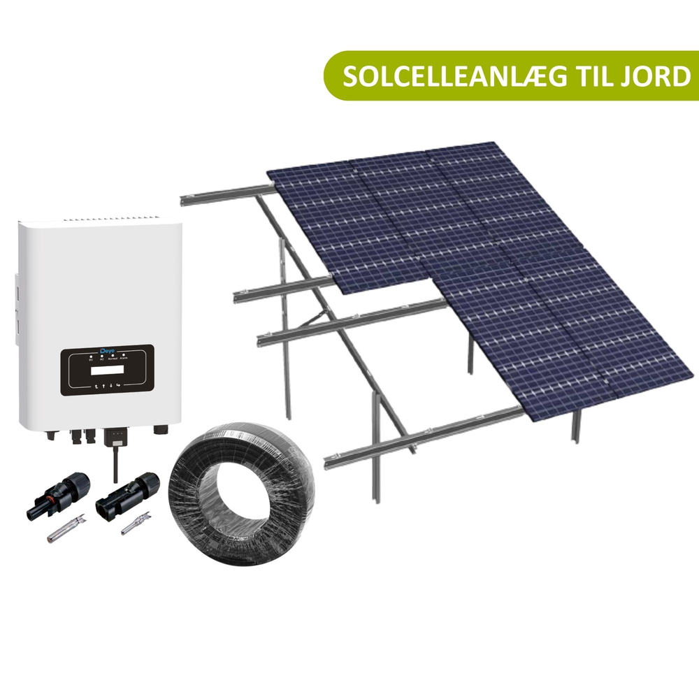 10kW komplet 3-faset solcelleanlæg - Jordbaseret anlæg, DEYE inverter, Alu celler - Retning solceller : Stående, Rækker : 2, Solceller kW : 9,8