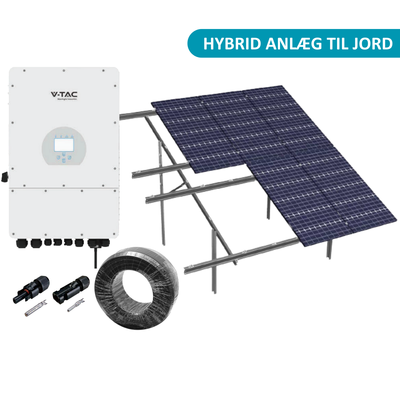 10kW komplet 3-faset hybrid solcelleanlæg - Jordbaseret anlæg, DEYE hybrid inverter, Alu celler - Retning solceller : Stående, Rækker : 2, Solceller kW : 9,8
